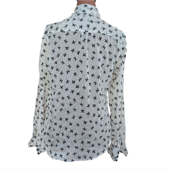 White Chiffon With Black Velvet Bows Button Down Blouse Size M - Picture 10 of 13